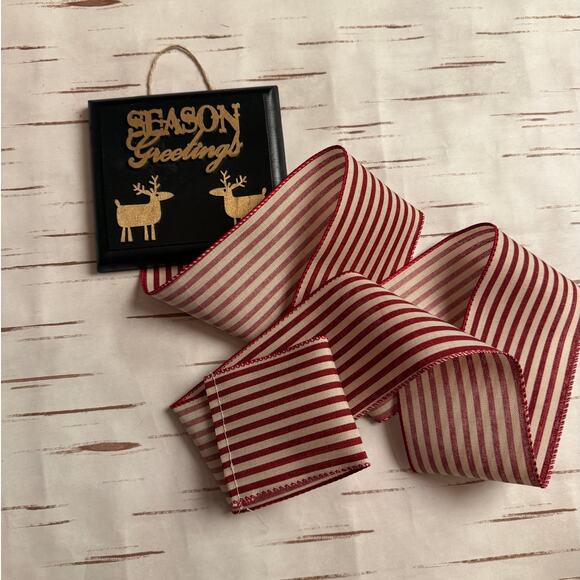 Season Greetings Card Holder Black Gold Script Topper Red Striped Wide Ribbon - Picture 3 of 5